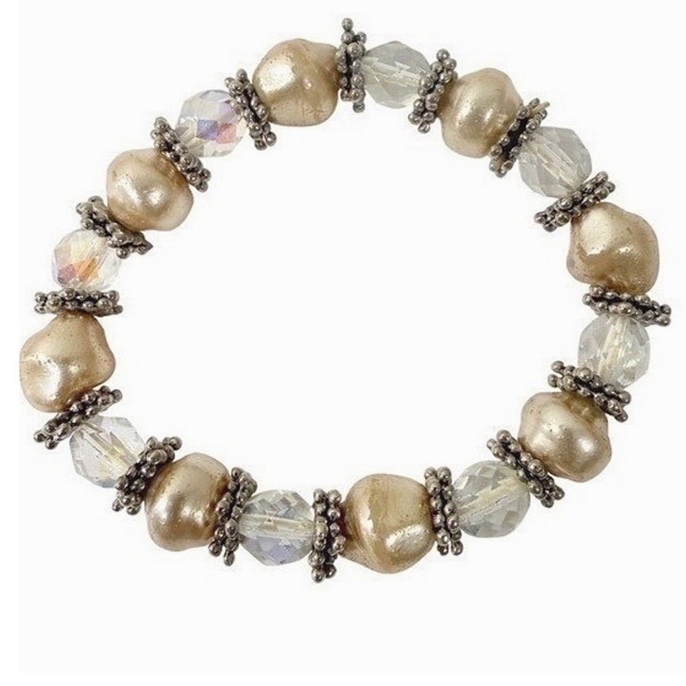 Gold Tone Faux Pearl Stretch Bracelet Crystal Beaded Jewelry